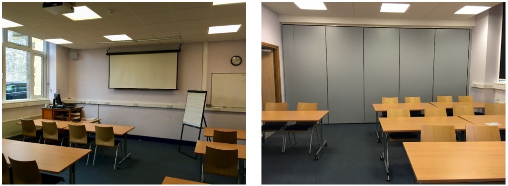 Classroom with rows of tables and chairs.